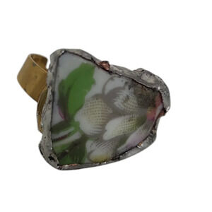 18K Broken China Gray Floral Porcelain Gold Ring